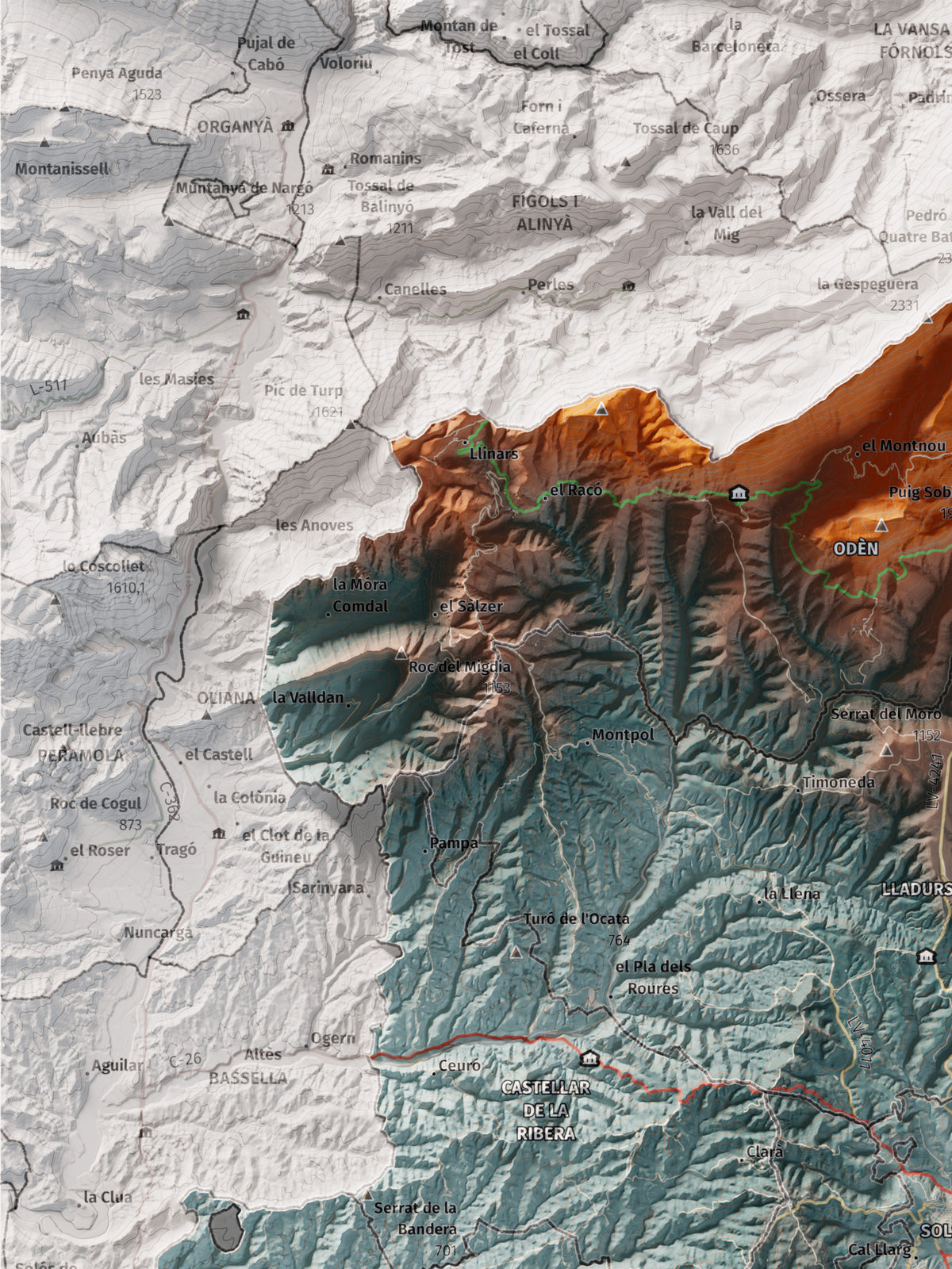 Mapa de relieve del Solsonès, con el territorio en color y el entorno en blanco. Detalle de la zona superior izquierda. 30 × 40 cm. Estilo Azul y naranja.