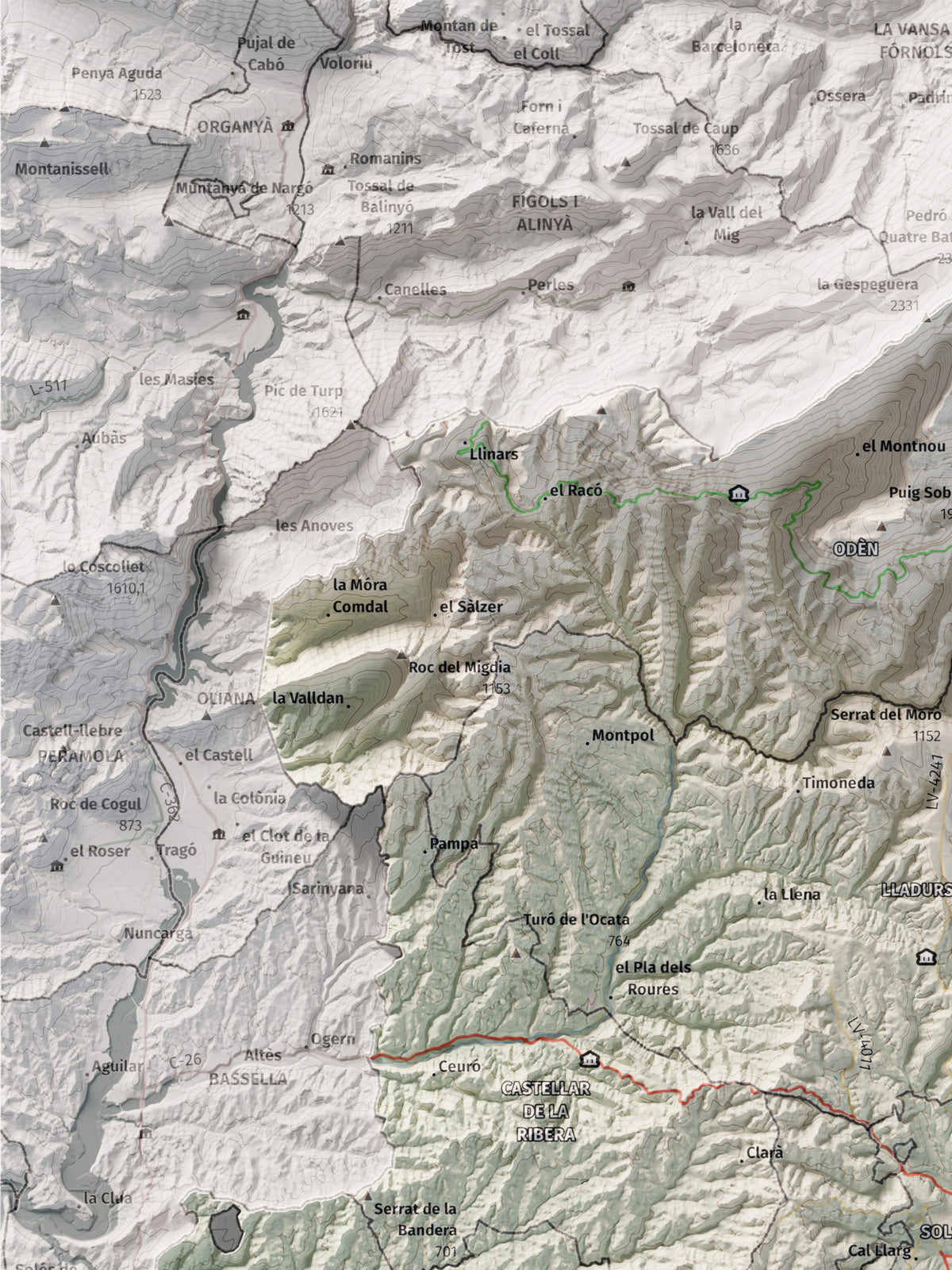 Mapa de relieve del Solsonès, con el territorio en color y el entorno en blanco. Detalle de la zona superior izquierda. 30 × 40 cm. Estilo Cartográfico.