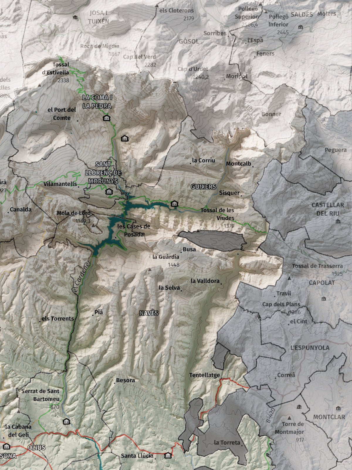 Mapa de relieve del Solsonès, con el territorio en color y el entorno en blanco. Detalle de la zona superior derecha. 30 × 40 cm. Estilo Cartográfico.
