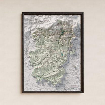 Mapa de relieve del Solsonès, con el territorio en color y el entorno en blanco. Presentación con marco. 30 × 40 cm. Estilo Cartográfico.