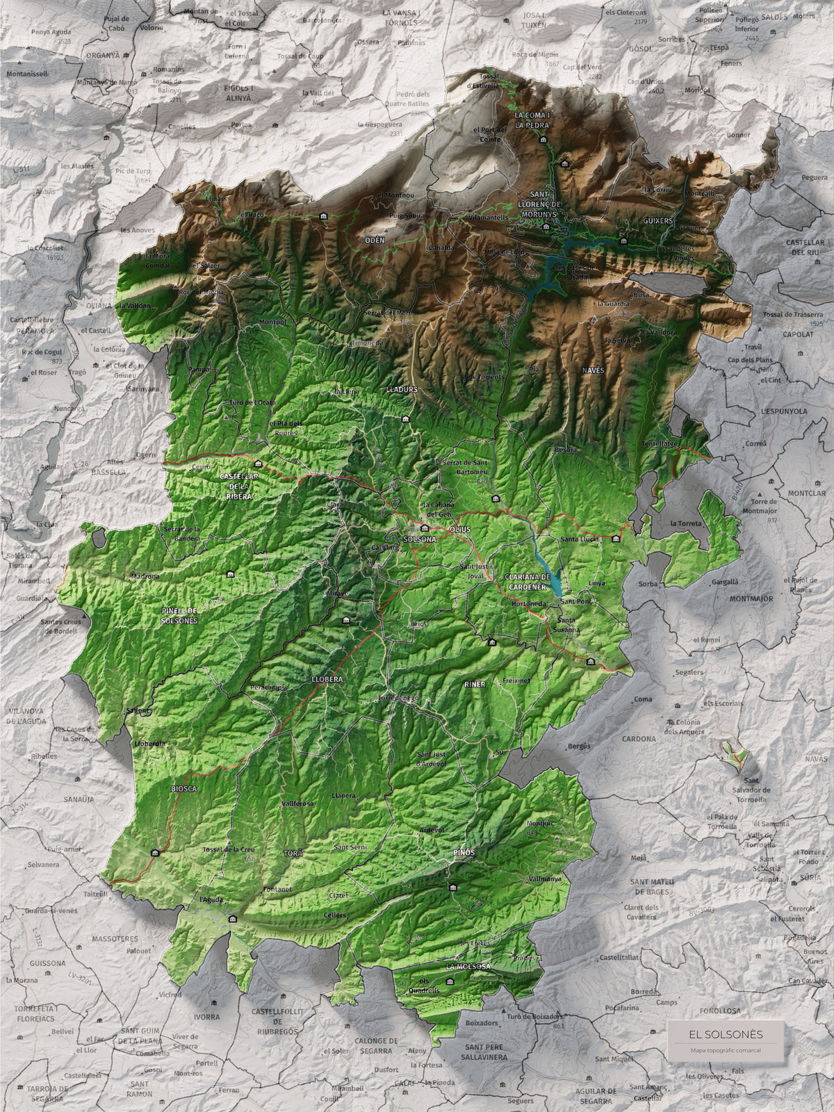 Mapa de relieve del Solsonès, con el territorio en color y el entorno en blanco. Vista completa de la lámina. 30 × 40 cm. Estilo Clásico.