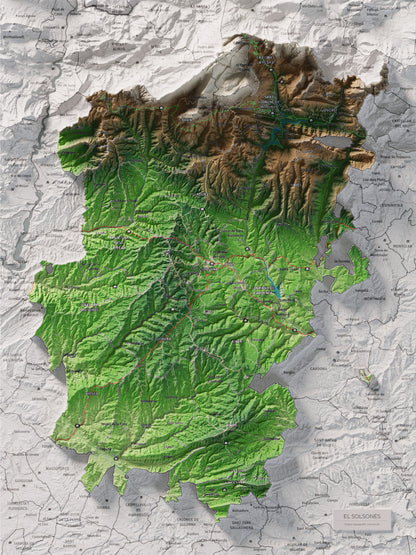 Mapa de relieve del Solsonès, con el territorio en color y el entorno en blanco. Vista completa de la lámina. 30 × 40 cm. Estilo Clásico.