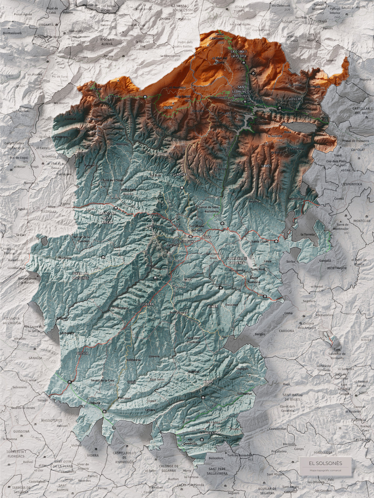 Mapa de relieve del Solsonès, con el territorio en color y el entorno en blanco. Vista completa de la lámina. 30 × 40 cm. Estilo Azul y naranja.
