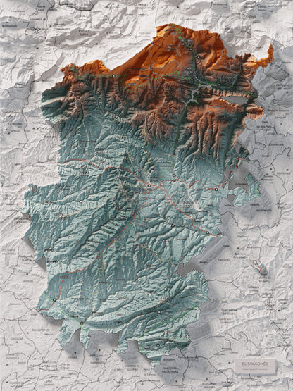 Mapa de relieve del Solsonès, con el territorio en color y el entorno en blanco. Vista completa de la lámina. 30 × 40 cm. Estilo Azul y naranja.