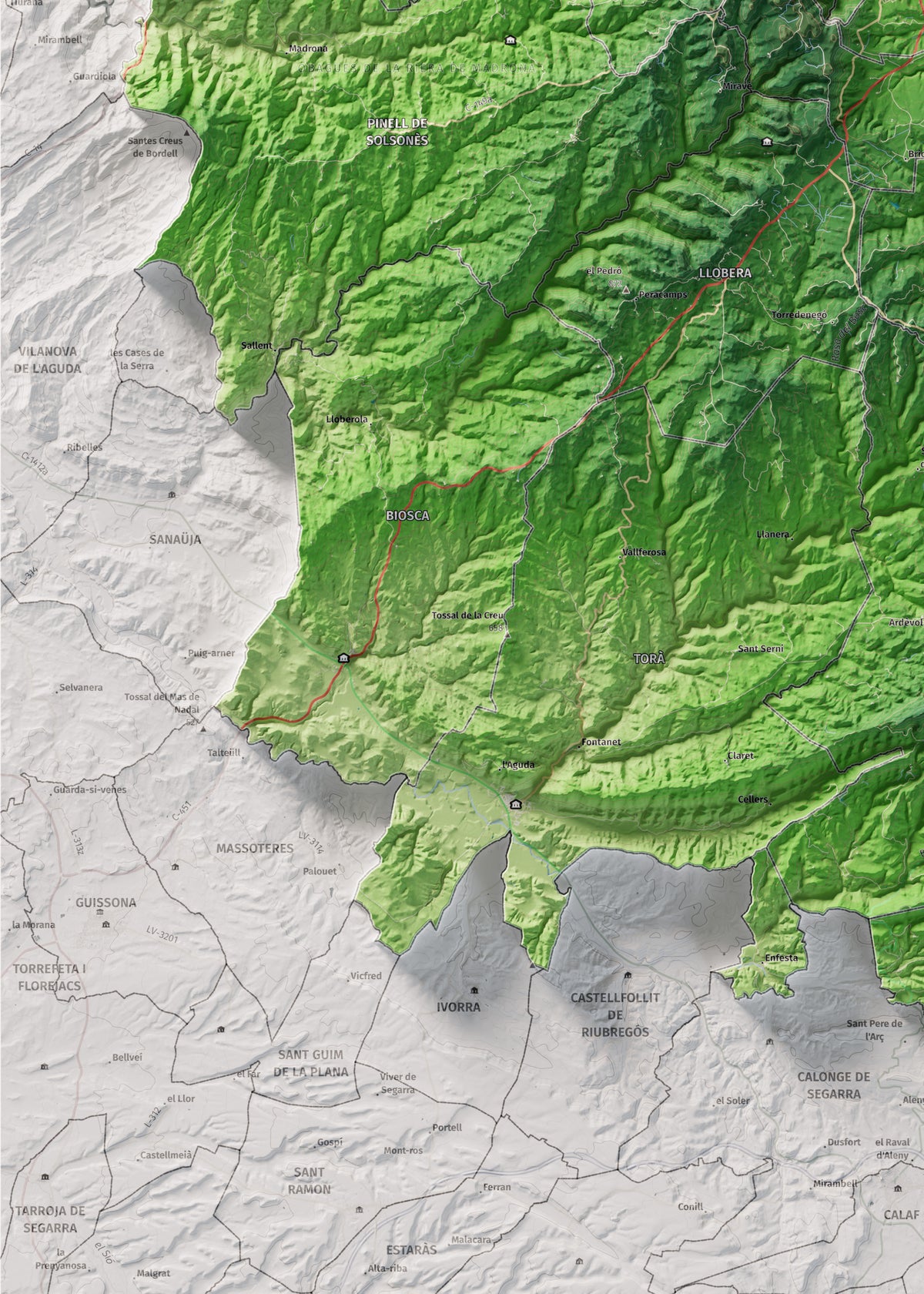 Mapa de relieve del Solsonès, con el territorio en color y el entorno en blanco. Detalle de la zona inferior izquierda. 50 × 70 cm. Estilo Clásico.
