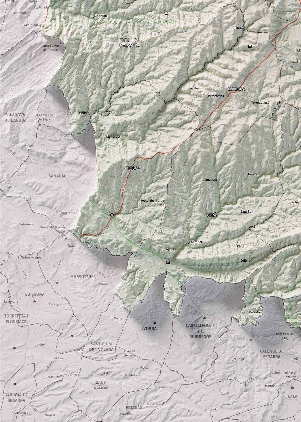 Mapa de relieve del Solsonès, con el territorio en color y el entorno en blanco. Detalle de la zona inferior izquierda. 50 × 70 cm. Estilo Cartográfico.