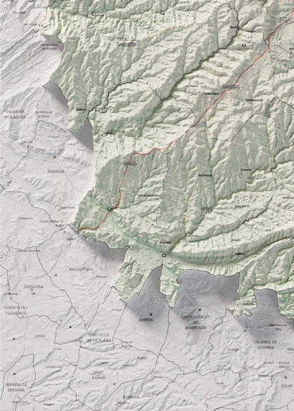 Mapa de relieve del Solsonès, con el territorio en color y el entorno en blanco. Detalle de la zona inferior izquierda. 50 × 70 cm. Estilo Cartográfico.