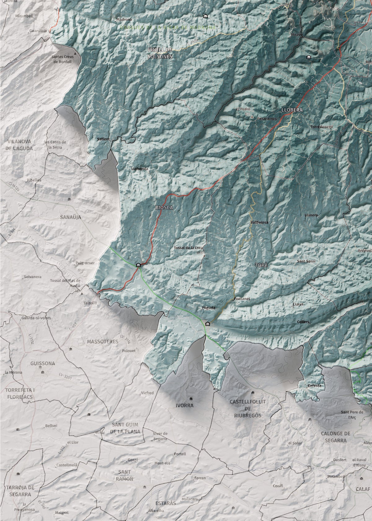 Mapa de relieve del Solsonès, con el territorio en color y el entorno en blanco. Detalle de la zona inferior izquierda. 50 × 70 cm. Estilo Azul y naranja.