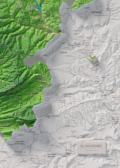 Mapa de relieve del Solsonès, con el territorio en color y el entorno en blanco. Detalle de la zona inferior derecha. 50 × 70 cm. Estilo Clásico.