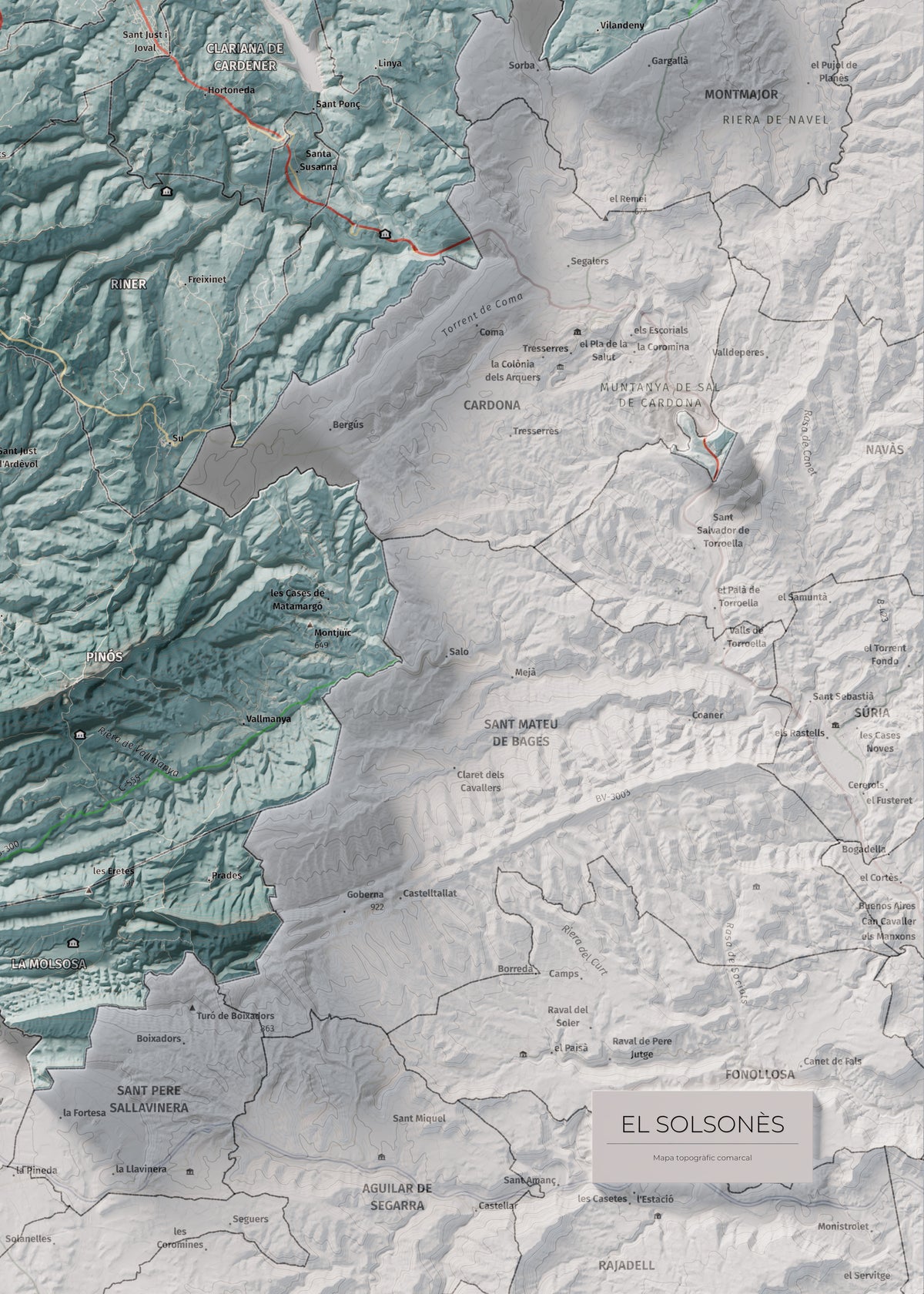 Mapa de relieve del Solsonès, con el territorio en color y el entorno en blanco. Detalle de la zona inferior derecha. 50 × 70 cm. Estilo Azul y naranja.