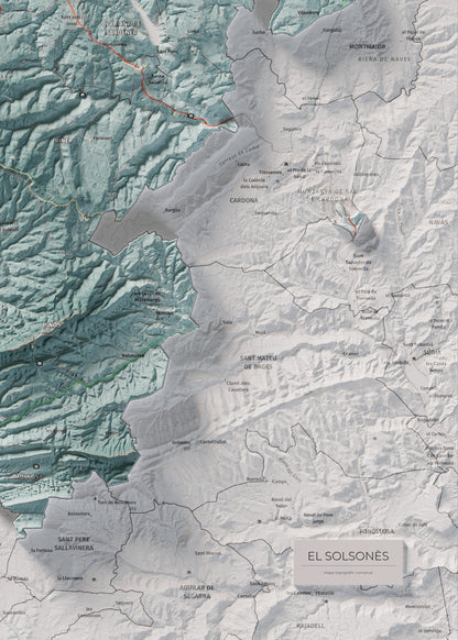 Mapa de relieve del Solsonès, con el territorio en color y el entorno en blanco. Detalle de la zona inferior derecha. 50 × 70 cm. Estilo Azul y naranja.