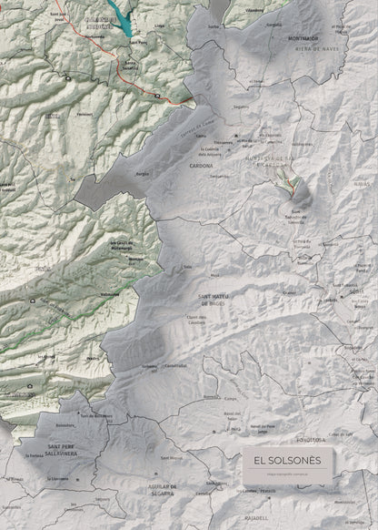 Mapa de relieve del Solsonès, con el territorio en color y el entorno en blanco. Detalle de la zona inferior derecha. 50 × 70 cm. Estilo Cartográfico.