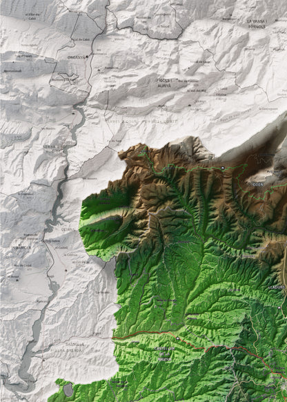 Mapa de relieve del Solsonès, con el territorio en color y el entorno en blanco. Detalle de la zona superior izquierda. 50 × 70 cm. Estilo Clásico.