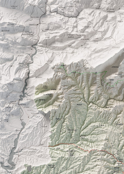 Mapa de relieve del Solsonès, con el territorio en color y el entorno en blanco. Detalle de la zona superior izquierda. 50 × 70 cm. Estilo Cartográfico.