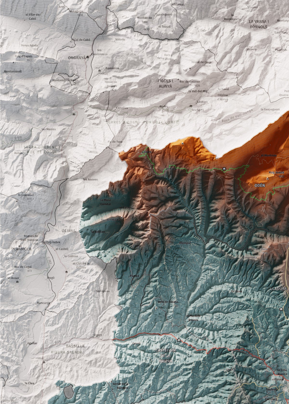 Mapa de relieve del Solsonès, con el territorio en color y el entorno en blanco. Detalle de la zona superior izquierda. 50 × 70 cm. Estilo Azul y naranja.