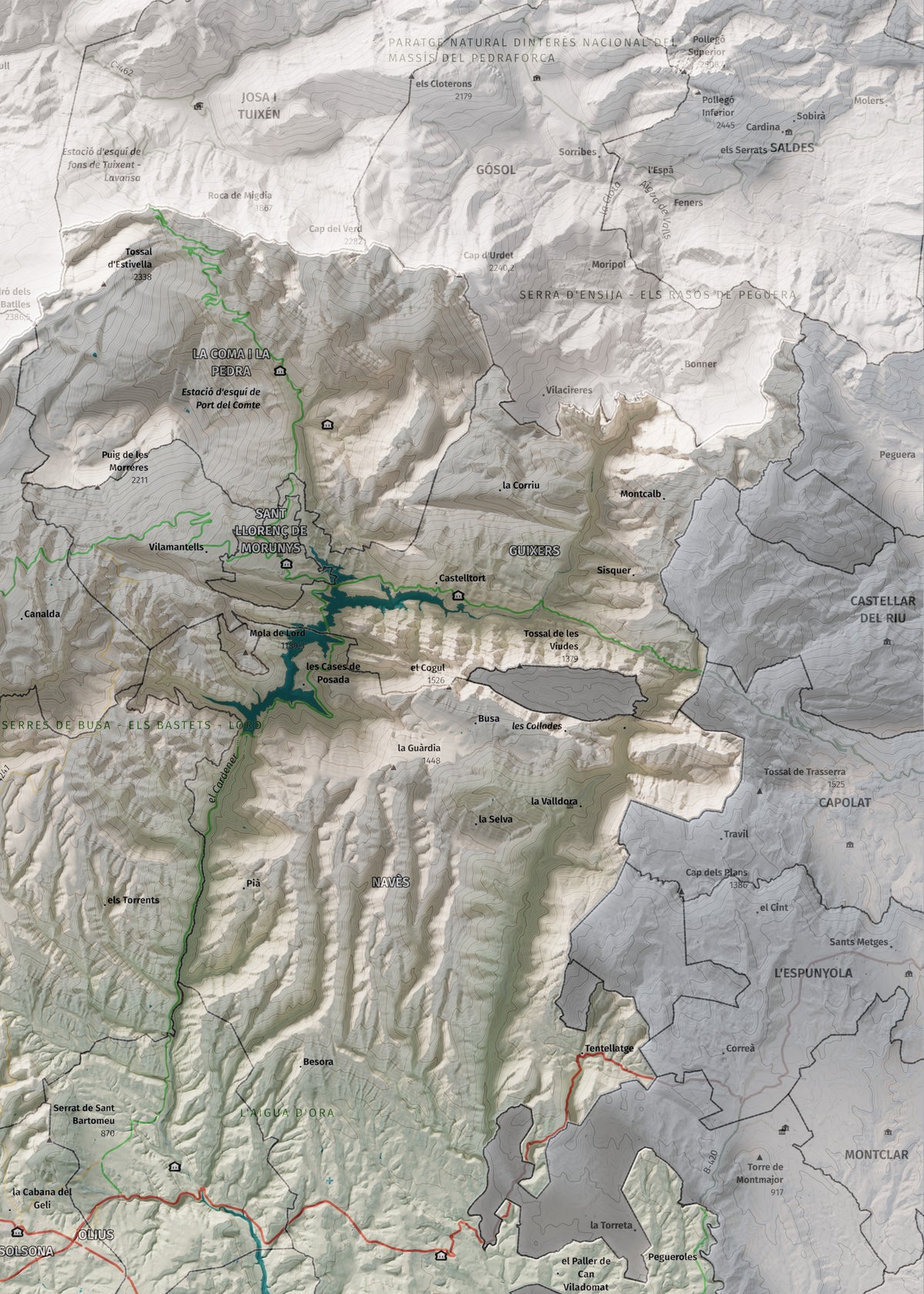Mapa de relieve del Solsonès, con el territorio en color y el entorno en blanco. Detalle de la zona superior derecha. 50 × 70 cm. Estilo Cartográfico.