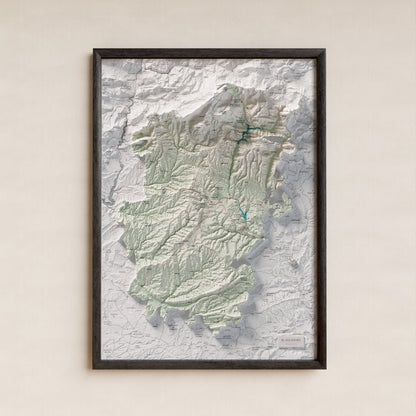 Mapa de relieve del Solsonès, con el territorio en color y el entorno en blanco. Presentación con marco. 50 × 70 cm. Estilo Cartográfico.