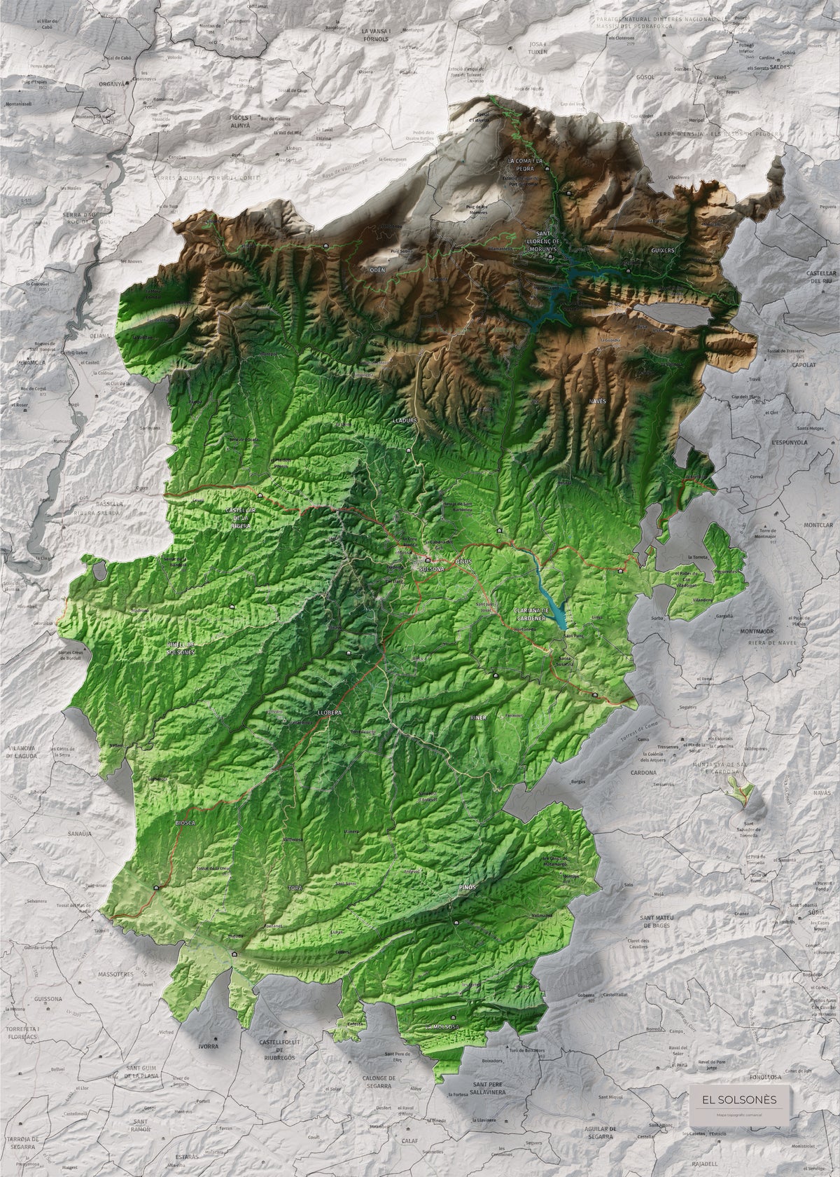 Mapa de relieve del Solsonès, con el territorio en color y el entorno en blanco. Vista completa de la lámina. 50 × 70 cm. Estilo Clásico.