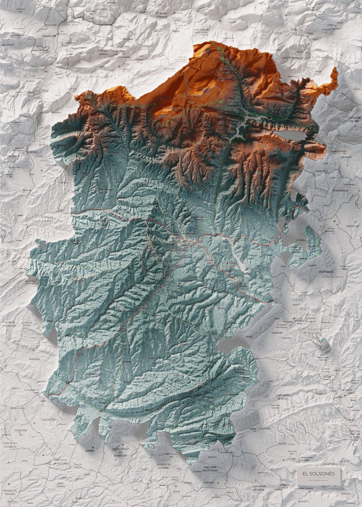 Mapa de relieve del Solsonès, con el territorio en color y el entorno en blanco. Vista completa de la lámina. 50 × 70 cm. Estilo Azul y naranja.