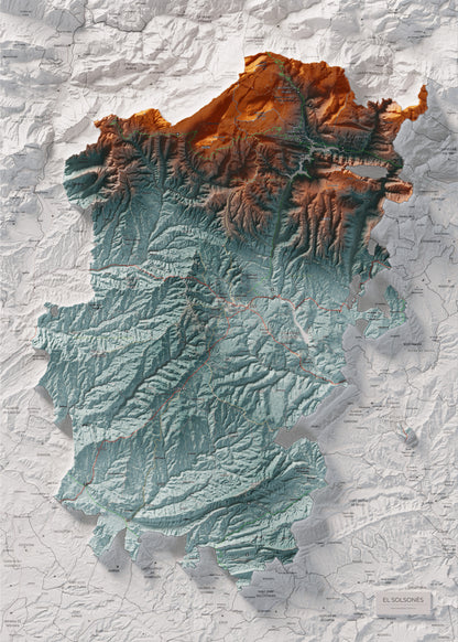 Mapa de relieve del Solsonès, con el territorio en color y el entorno en blanco. Vista completa de la lámina. 50 × 70 cm. Estilo Azul y naranja.