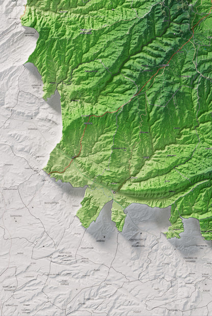 Mapa de relieve del Solsonès, con el territorio en color y el entorno en blanco. Detalle de la zona inferior izquierda. 61 × 91 cm. Estilo Clásico.