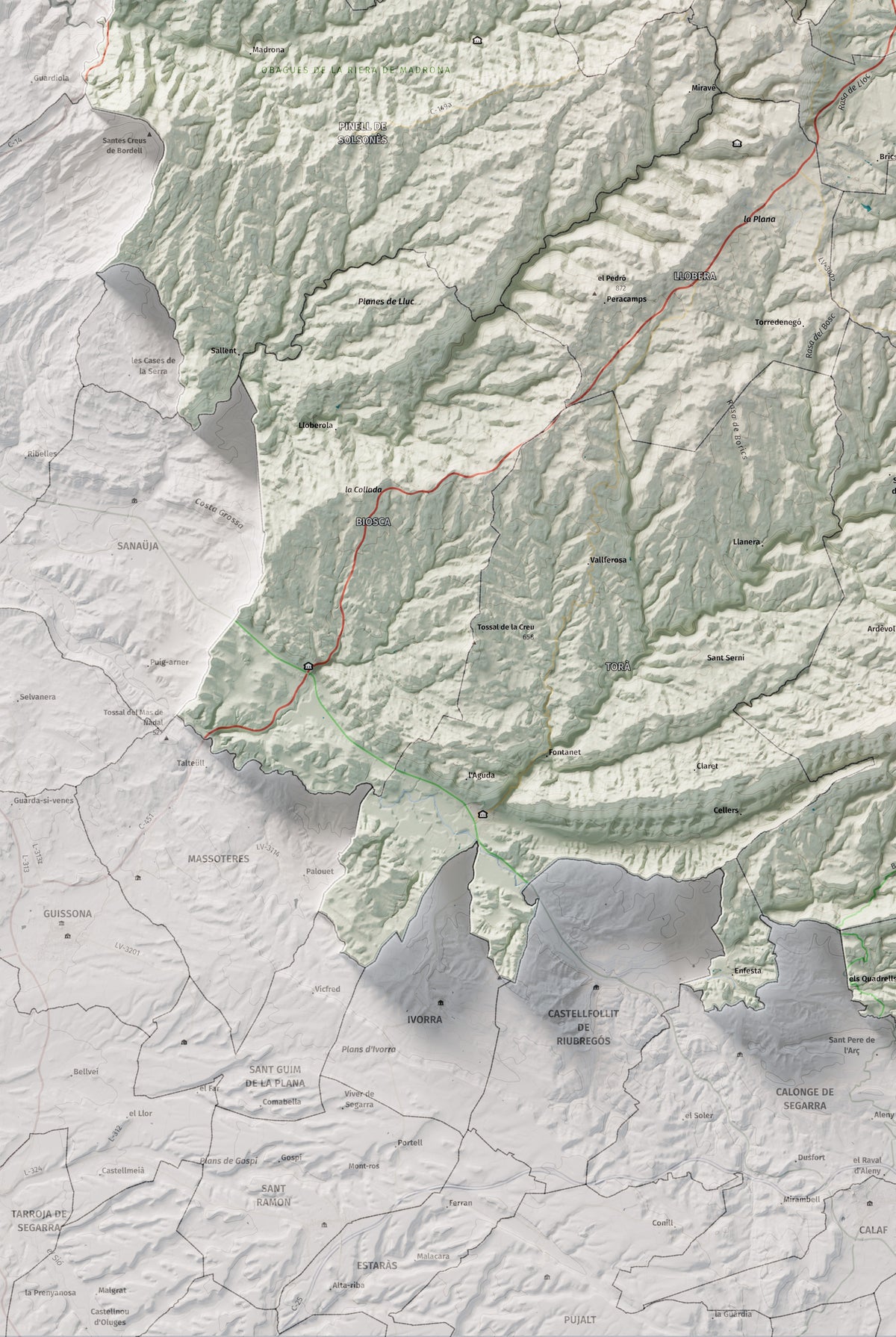 Mapa de relieve del Solsonès, con el territorio en color y el entorno en blanco. Detalle de la zona inferior izquierda. 61 × 91 cm. Estilo Cartográfico.
