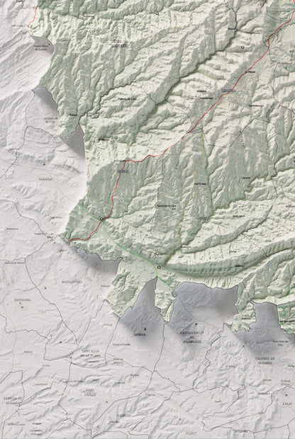 Mapa de relieve del Solsonès, con el territorio en color y el entorno en blanco. Detalle de la zona inferior izquierda. 61 × 91 cm. Estilo Cartográfico.
