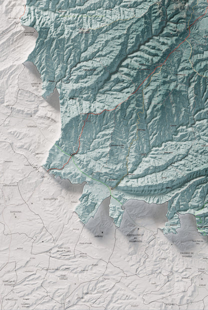 Mapa de relieve del Solsonès, con el territorio en color y el entorno en blanco. Detalle de la zona inferior izquierda. 61 × 91 cm. Estilo Azul y naranja.
