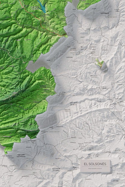 Mapa de relieve del Solsonès, con el territorio en color y el entorno en blanco. Detalle de la zona inferior derecha. 61 × 91 cm. Estilo Clásico.