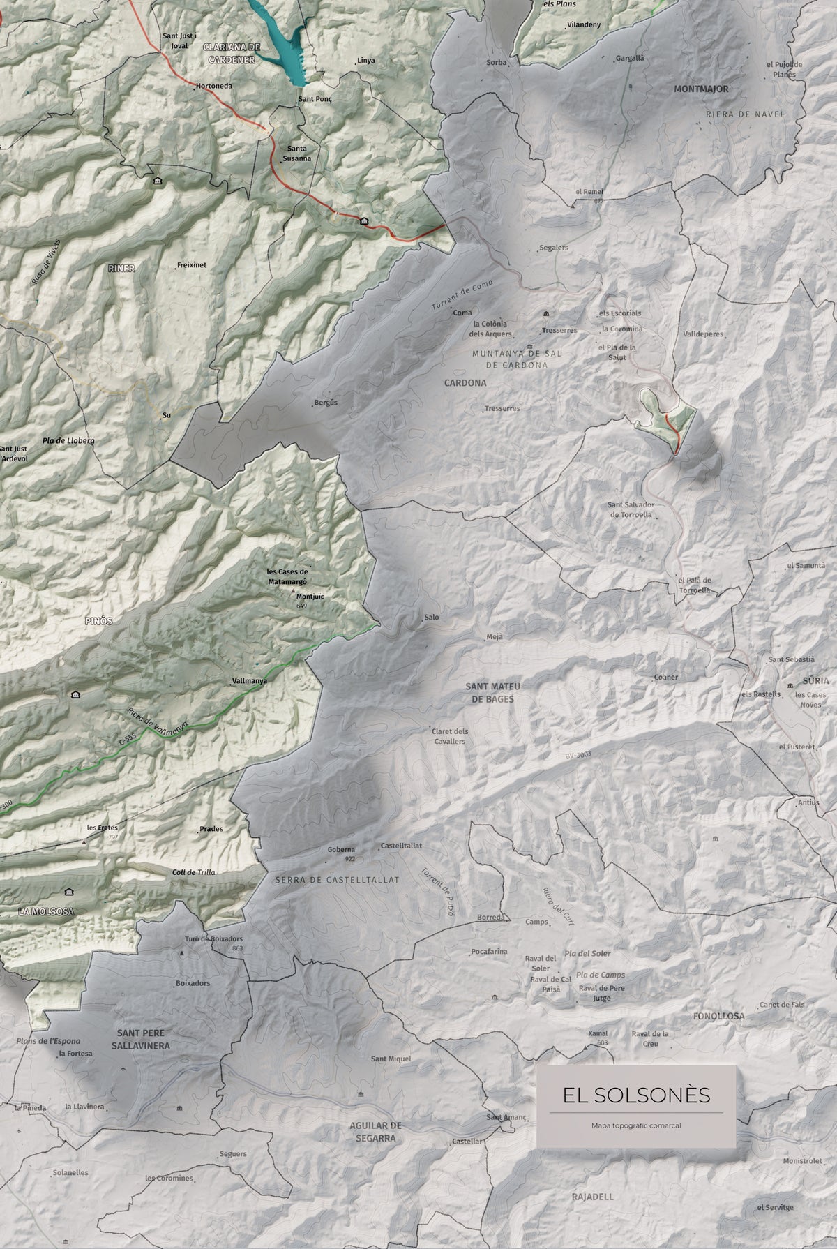 Mapa de relieve del Solsonès, con el territorio en color y el entorno en blanco. Detalle de la zona inferior derecha. 61 × 91 cm. Estilo Cartográfico.