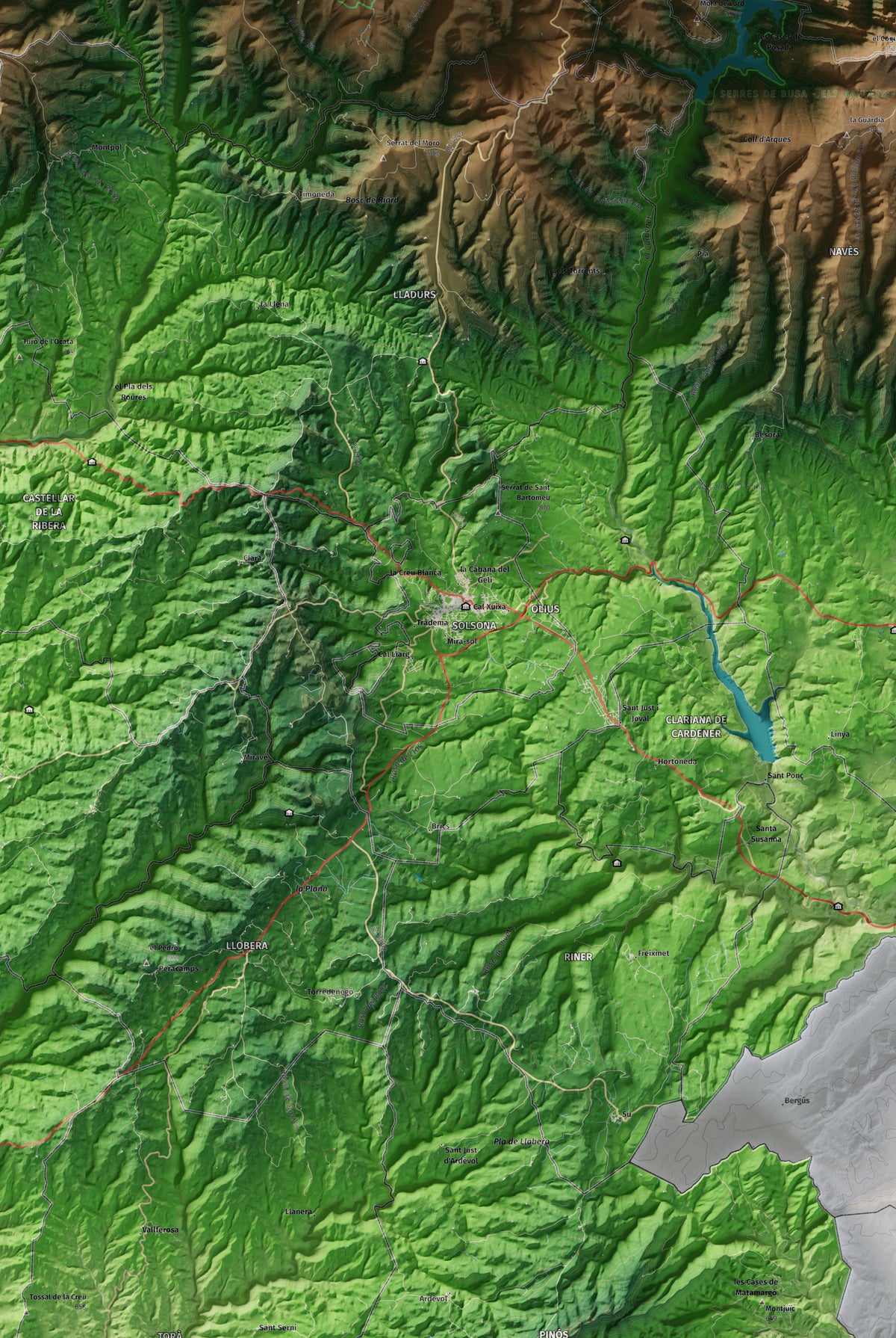 Mapa de relieve del Solsonès, con el territorio en color y el entorno en blanco. Detalle de la zona central. 61 × 91 cm. Estilo Clásico.