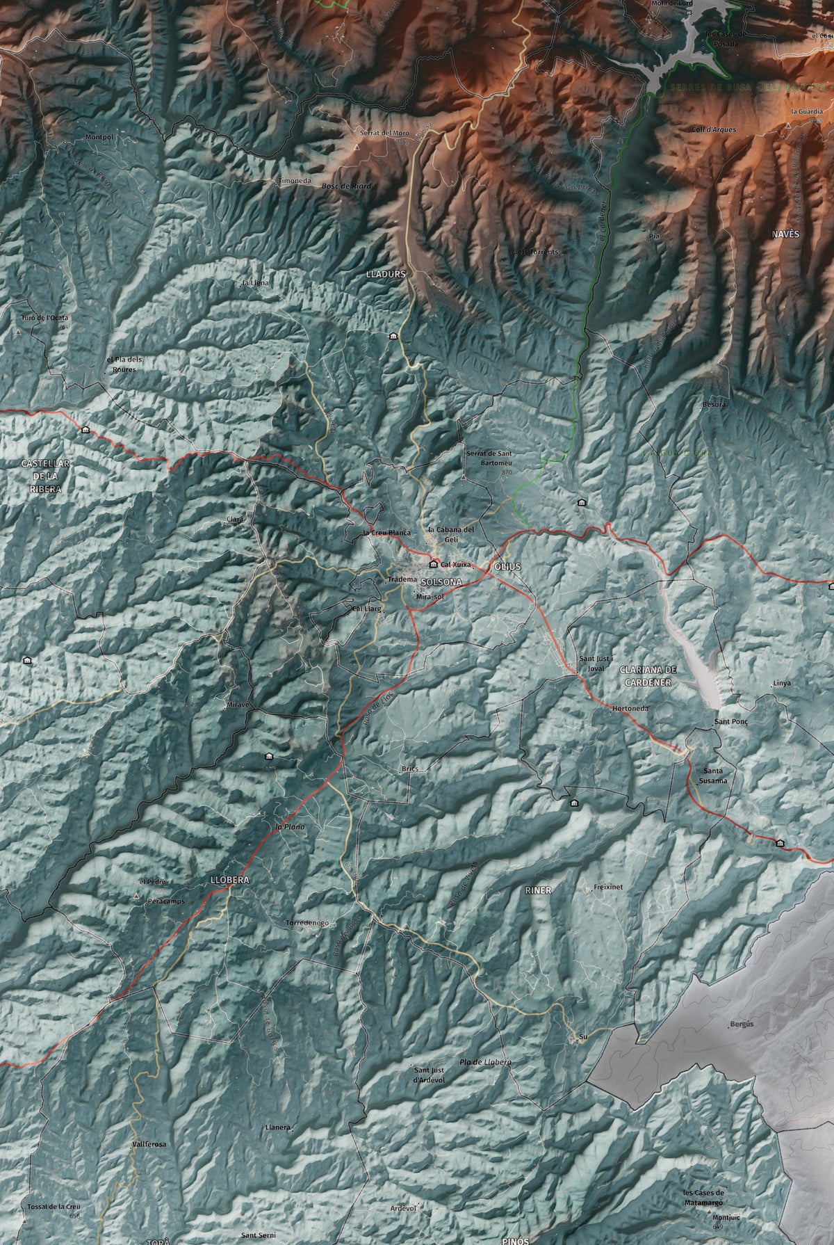 Mapa de relieve del Solsonès, con el territorio en color y el entorno en blanco. Detalle de la zona central. 61 × 91 cm. Estilo Azul y naranja.