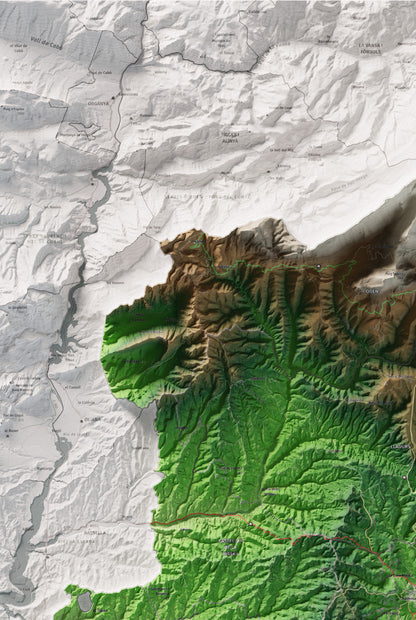 Mapa de relieve del Solsonès, con el territorio en color y el entorno en blanco. Detalle de la zona superior izquierda. 61 × 91 cm. Estilo Clásico.