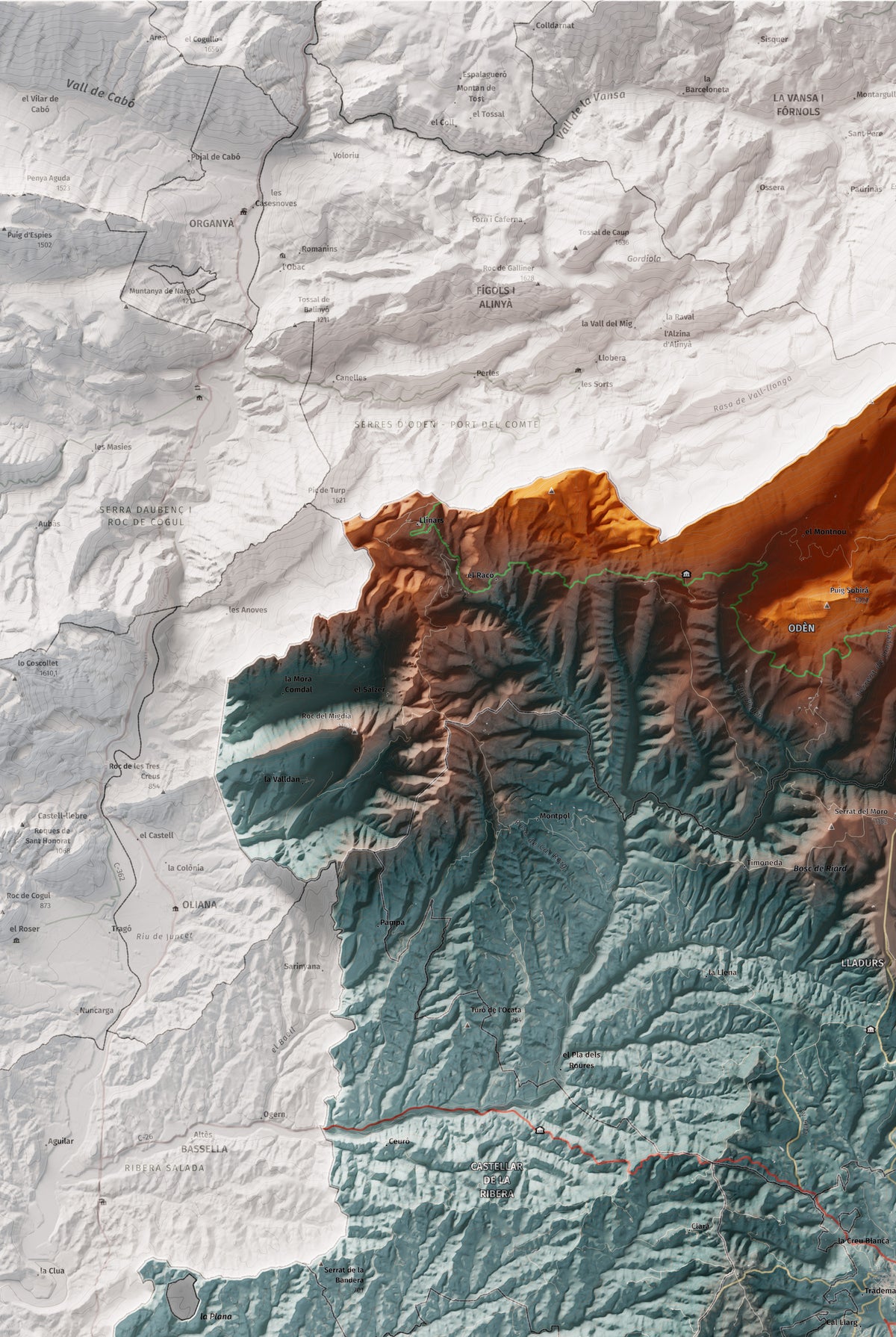 Mapa de relieve del Solsonès, con el territorio en color y el entorno en blanco. Detalle de la zona superior izquierda. 61 × 91 cm. Estilo Azul y naranja.