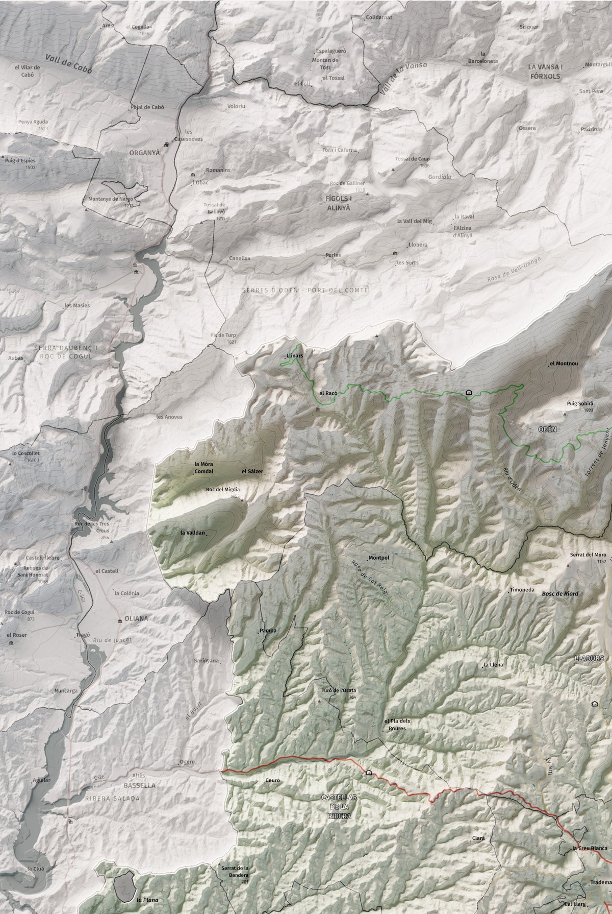 Mapa de relieve del Solsonès, con el territorio en color y el entorno en blanco. Detalle de la zona superior izquierda. 61 × 91 cm. Estilo Cartográfico.
