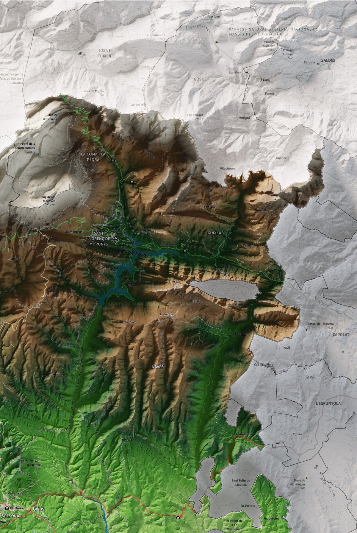 Mapa de relieve del Solsonès, con el territorio en color y el entorno en blanco. Detalle de la zona superior derecha. 61 × 91 cm. Estilo Clásico.