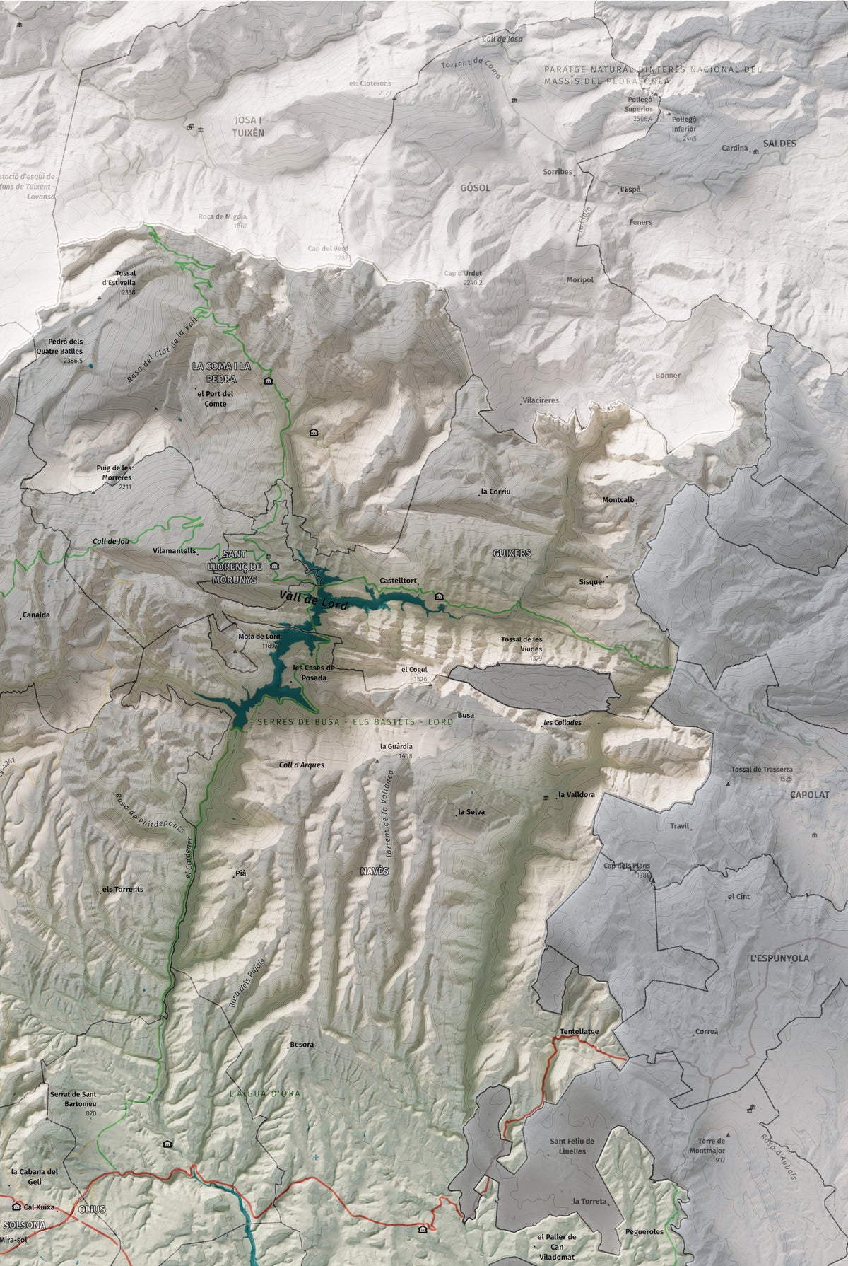 Mapa de relieve del Solsonès, con el territorio en color y el entorno en blanco. Detalle de la zona superior derecha. 61 × 91 cm. Estilo Cartográfico.