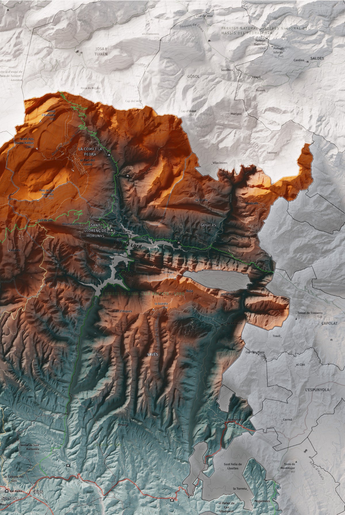 Mapa de relieve del Solsonès, con el territorio en color y el entorno en blanco. Detalle de la zona superior derecha. 61 × 91 cm. Estilo Azul y naranja.