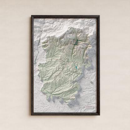 Mapa de relieve del Solsonès, con el territorio en color y el entorno en blanco. Presentación con marco. 61 × 91 cm. Estilo Cartográfico.