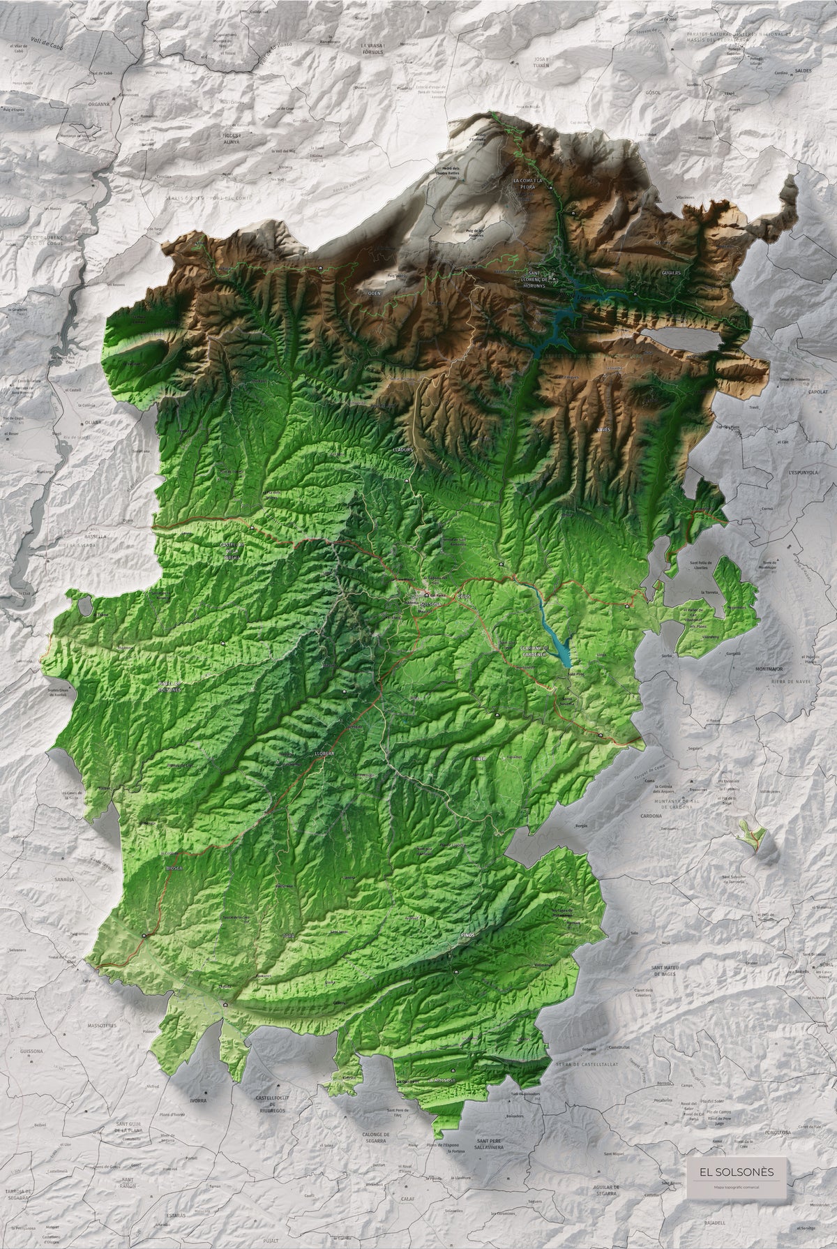 Mapa de relieve del Solsonès, con el territorio en color y el entorno en blanco. Vista completa de la lámina. 61 × 91 cm. Estilo Clásico.