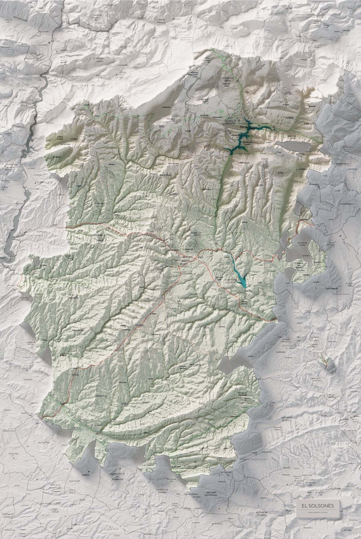 Mapa de relieve del Solsonès, con el territorio en color y el entorno en blanco. Vista completa de la lámina. 61 × 91 cm. Estilo Cartográfico.