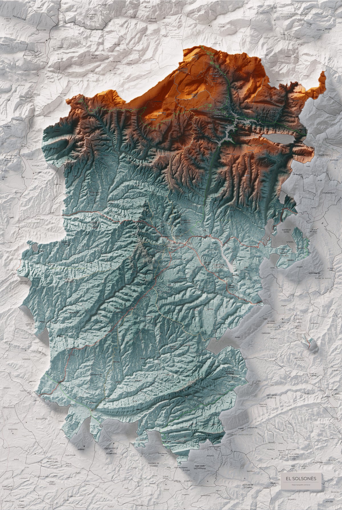 Mapa de relieve del Solsonès, con el territorio en color y el entorno en blanco. Vista completa de la lámina. 61 × 91 cm. Estilo Azul y naranja.