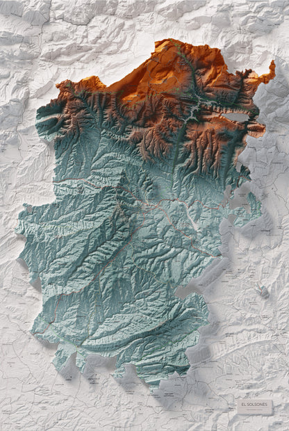 Mapa de relieve del Solsonès, con el territorio en color y el entorno en blanco. Vista completa de la lámina. 61 × 91 cm. Estilo Azul y naranja.