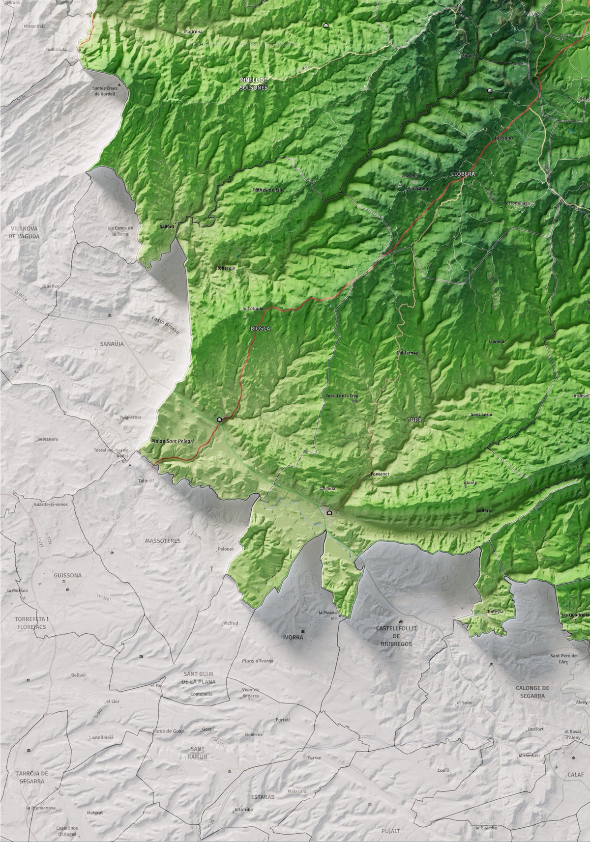 Mapa de relieve del Solsonès, con el territorio en color y el entorno en blanco. Detalle de la zona inferior izquierda. 70 × 100 cm. Estilo Clásico.