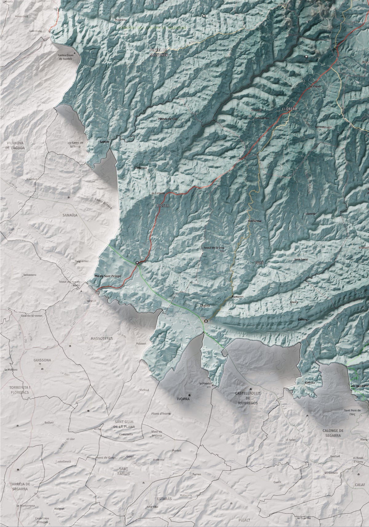 Mapa de relieve del Solsonès, con el territorio en color y el entorno en blanco. Detalle de la zona inferior izquierda. 70 × 100 cm. Estilo Azul y naranja.
