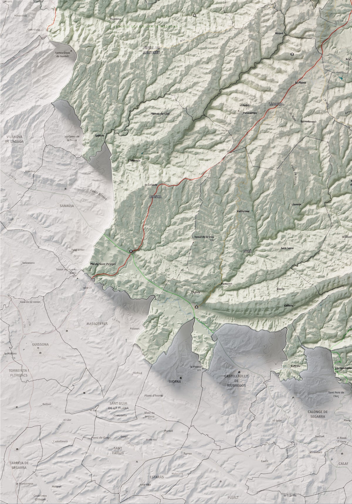 Mapa de relieve del Solsonès, con el territorio en color y el entorno en blanco. Detalle de la zona inferior izquierda. 70 × 100 cm. Estilo Cartográfico.