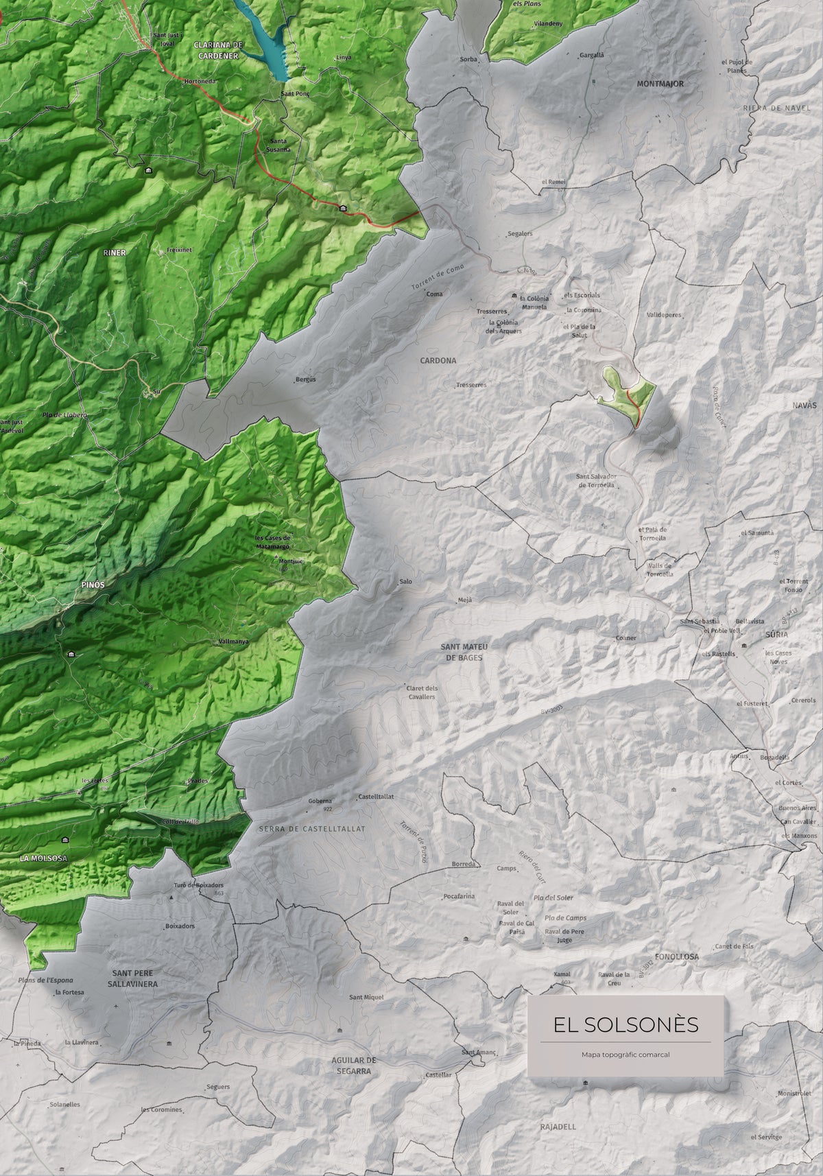 Mapa de relieve del Solsonès, con el territorio en color y el entorno en blanco. Detalle de la zona inferior derecha. 70 × 100 cm. Estilo Clásico.