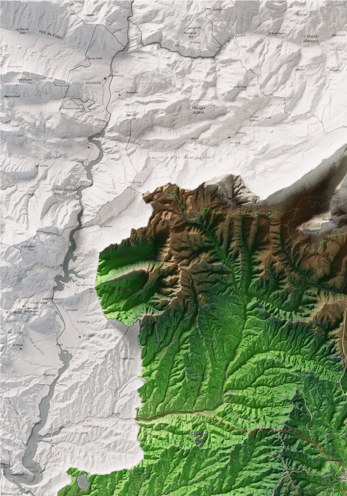 Mapa de relieve del Solsonès, con el territorio en color y el entorno en blanco. Detalle de la zona superior izquierda. 70 × 100 cm. Estilo Clásico.