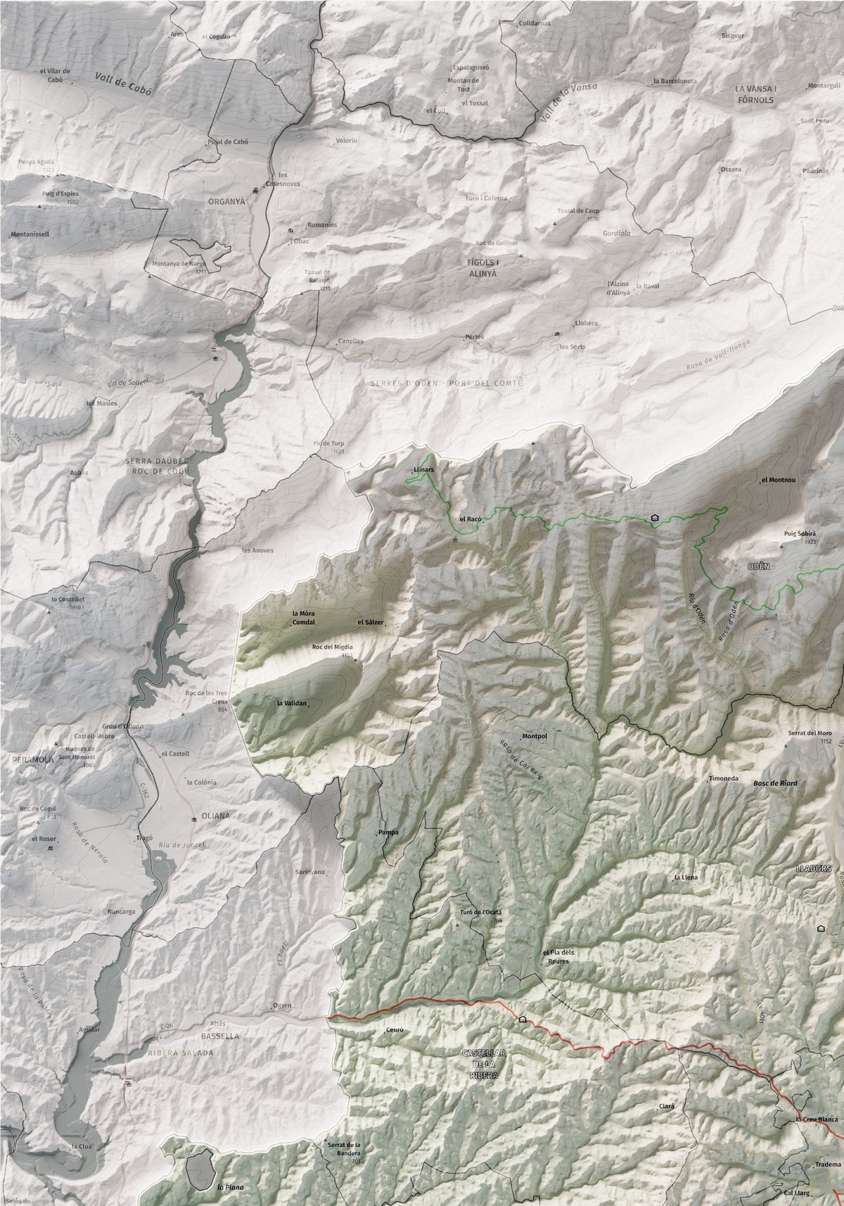 Mapa de relieve del Solsonès, con el territorio en color y el entorno en blanco. Detalle de la zona superior izquierda. 70 × 100 cm. Estilo Cartográfico.