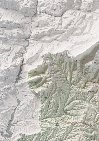 Mapa de relieve del Solsonès, con el territorio en color y el entorno en blanco. Detalle de la zona superior izquierda. 70 × 100 cm. Estilo Cartográfico.